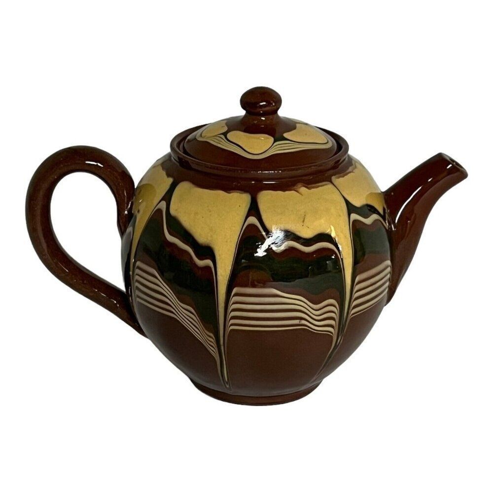Vintage Redware Teapot Made Bulgaria Flower Fading Brown Yellow Drip Glaze READ